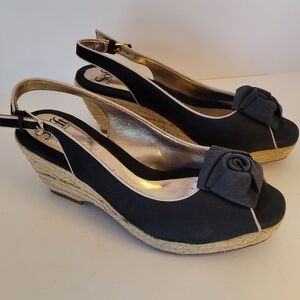 Sofft Espadrille Wedge Peep Toe Sandals Jute Heel Black Gold 8